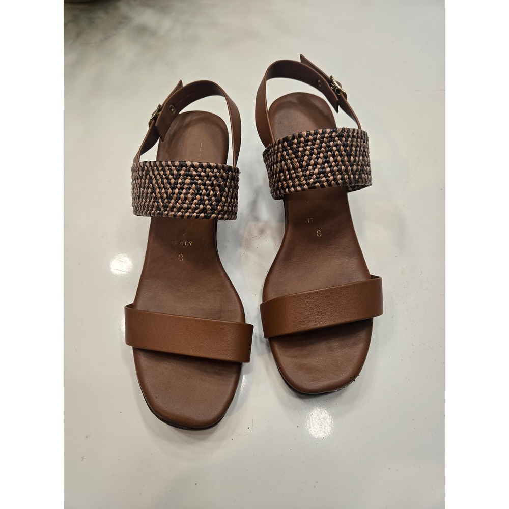 Made in Italy Brown Leather Woven Block Heel Slingback Sandals Women's Size 8
